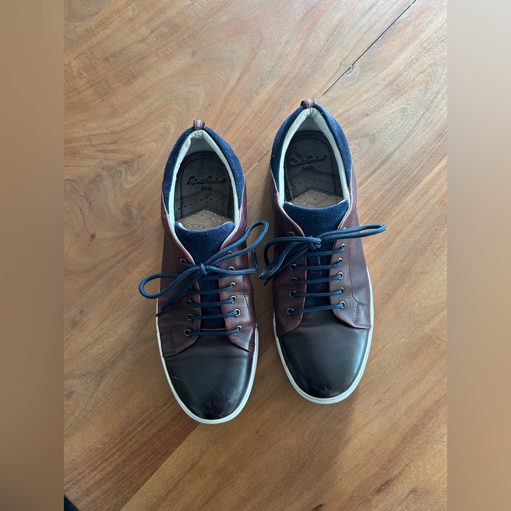 Italian Brown Leather Sneakers with Navy Accents